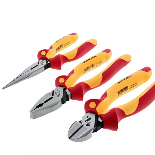 Juego de Alicates Dieléctricos 1000V Wiha, herramientas de alta seguridad para electricistas.