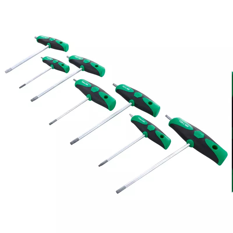 Juego de 7 llaves TORX Wiha con mango T SoftGrip, tamaños T10 a T40, acero endurecido CVM, con estuche compacto.