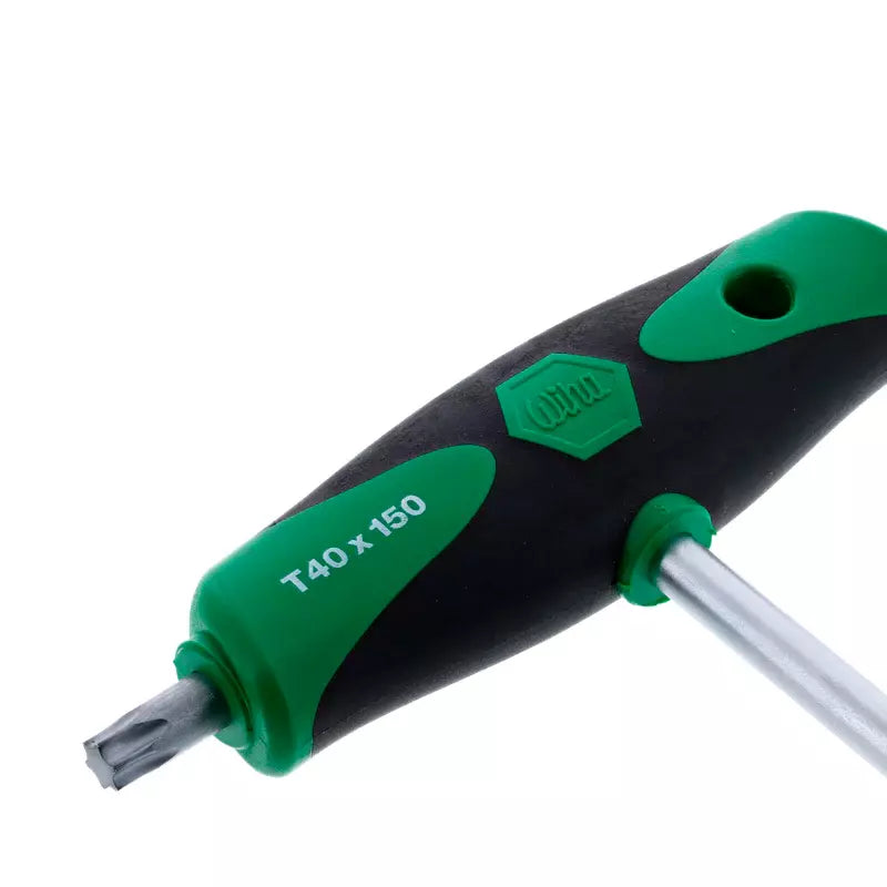 Juego de 7 llaves TORX Wiha con mango T SoftGrip, tamaños T10 a T40, acero endurecido CVM, con estuche compacto.