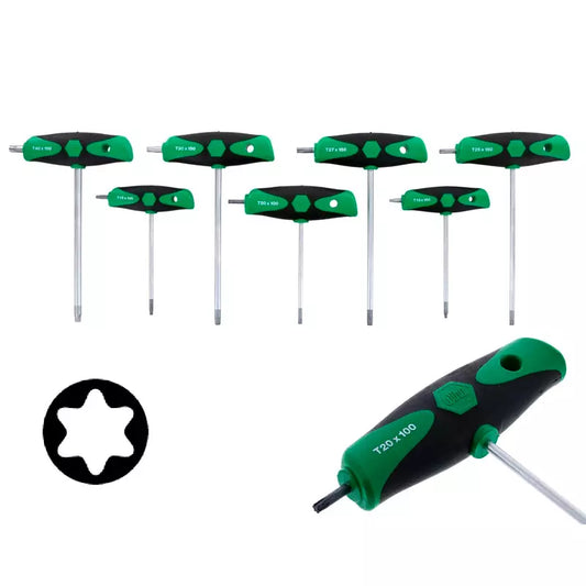 Juego de 7 llaves TORX Wiha con mango T SoftGrip, tamaños T10 a T40, acero endurecido CVM, con estuche compacto.