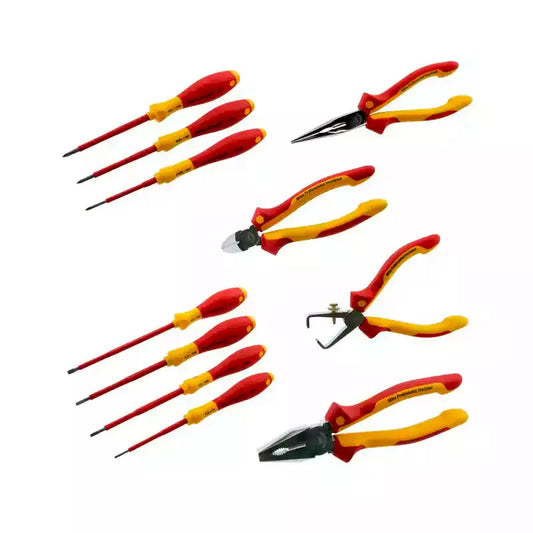 Juego de Alicates y Destornilladores Aislados 1000V Wiha con mango ergonómico, diseño dieléctrico para protección total contra descargas eléctricas, ideal para electricistas profesionales. Incluye estuche resistente y herramientas duraderas.