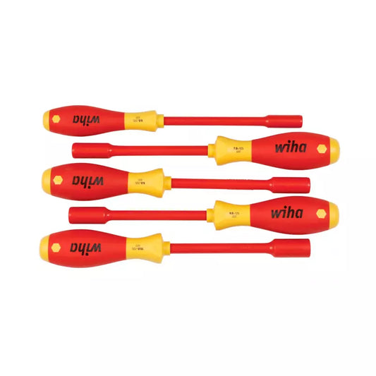 Juego 5 Destornilladores Dado Aislados 1000V Wiha con puntas magnéticas, aislamiento y diseño ergonómico para trabajos eléctricos de alta tensión.
