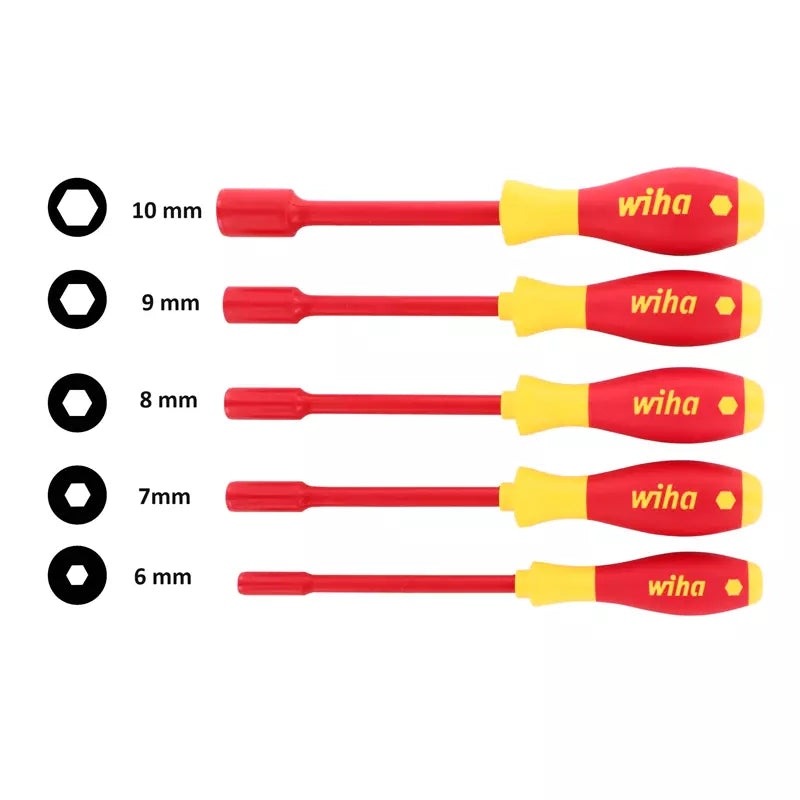 Juego 5 Destornilladores Dado Aislados 1000V Wiha con puntas magnéticas, aislamiento y diseño ergonómico para trabajos eléctricos de alta tensión.