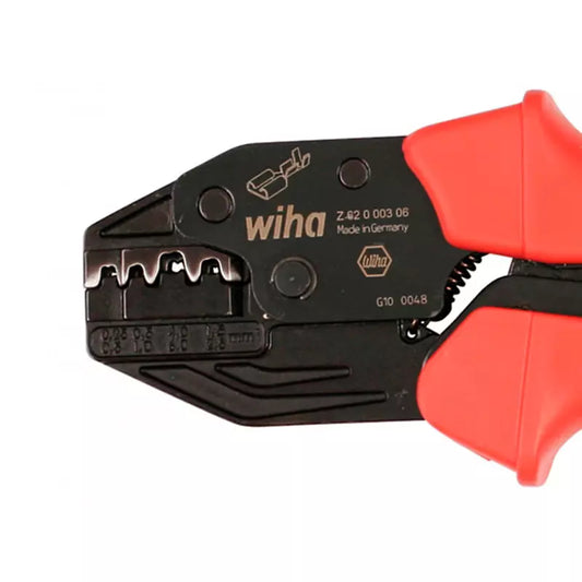 Prensador Ratchet Wiha para terminales no aislados con mecanismo preciso.