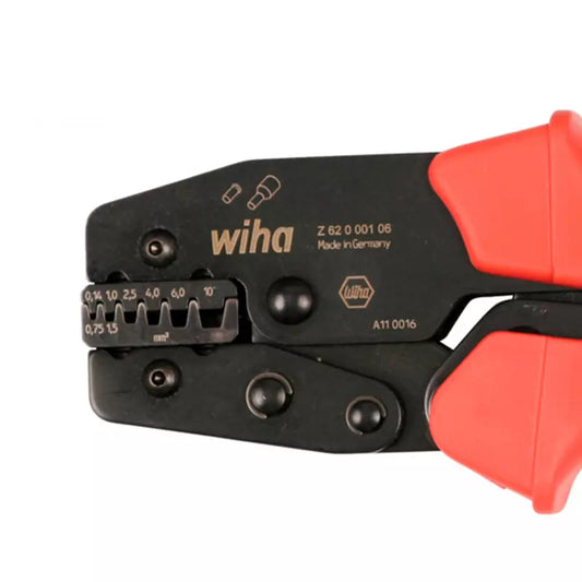 Prensa terminal Ratchet Wiha, crimpeador de punteras aisladas y no aisladas, herramienta profesional para prensado preciso.