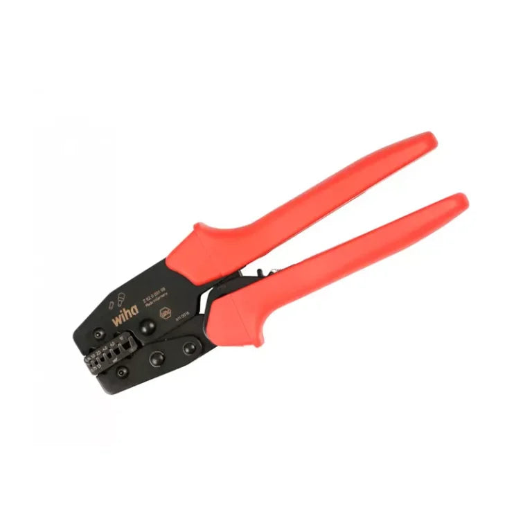 Prensa terminal Ratchet Wiha, crimpeador de punteras aisladas y no aisladas, herramienta profesional para prensado preciso.