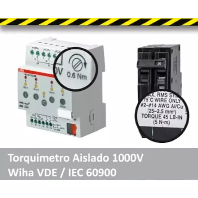 Set Torquímetro aislado 1000V Wiha con mango ergonómico, escala ajustable de torque 10–40 in/lbs, ideal para trabajos eléctricos y cuchillas termomagnéticas. Incluye varillas SlimLine y herramientas de ajuste.