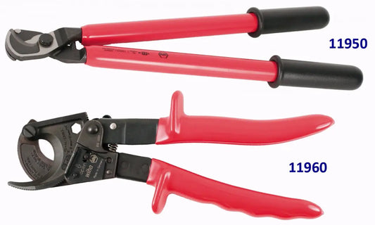 Corta cables Ratchet dieléctrico Wiha 1000V, ideal para cortar cables de cobre y aluminio, con diseño ergonómico y aislamiento seguro.