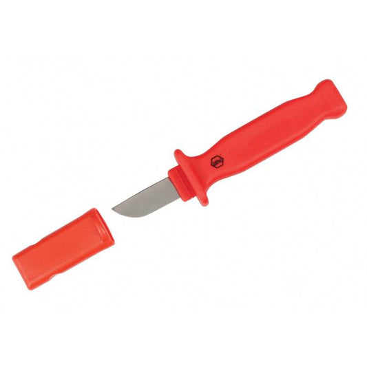Cuchilla pelacables dieléctrica Wiha 1000V, aislada y ergonómica, ideal para electricistas que buscan seguridad y precisión.