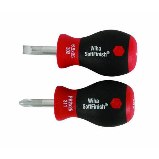 Juego de 2 destornilladores Wiha SoftFinish: destornillador plano y Phillips Stubby, mango ergonómico antideslizante, puntas endurecidas, ideales para espacios reducidos y trabajos precisos.