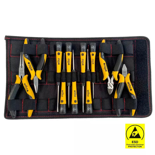 Alicates de precisión Wiha con protección ESD y mango ergonómico acolchado, ideales para trabajos electrónicos delicados.