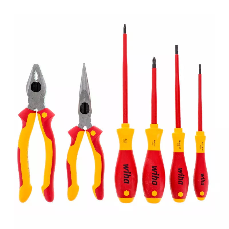 Juego de 6 herramientas dieléctricas Wiha 1000V, incluye alicates universales, de corte diagonal, de punta larga y destornilladores Phillips y planos con mango ergonómico antideslizante. Certificado para trabajos eléctricos de alta tensión.