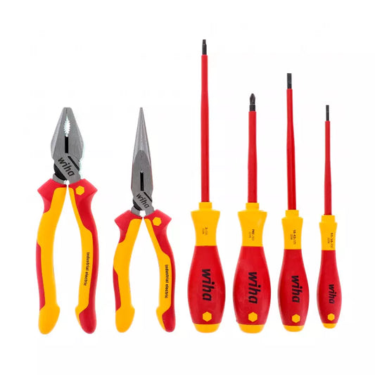 Juego de 6 herramientas dieléctricas Wiha 1000V, incluye alicates universales, de corte diagonal, de punta larga y destornilladores Phillips y planos con mango ergonómico antideslizante. Certificado para trabajos eléctricos de alta tensión.