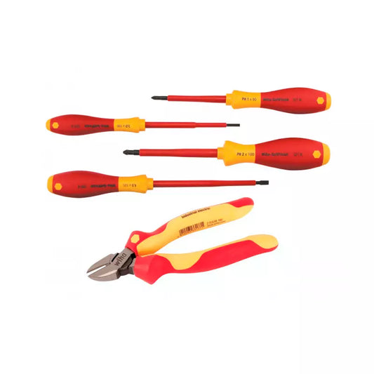 Juego de 5 Herramientas Aisladas 1000V Wiha para electricistas, incluye alicates de corte y destornilladores planos y Phillips con mangos ergonómicos y recubrimiento dieléctrico. Certificado bajo normativas internacionales para trabajos de alta tensión.