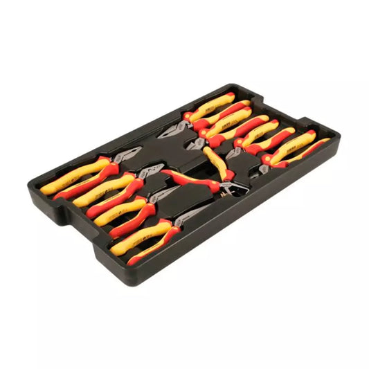 Juego de 9 alicates dieléctricos Wiha 1000V en bandeja plástica, herramientas de seguridad eléctrica.