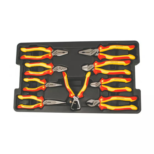 Juego de 9 alicates dieléctricos Wiha 1000V en bandeja plástica, herramientas de seguridad eléctrica.