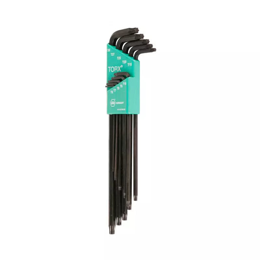 Juego de 10 llaves TORX largas Wiha con estuche, tamaños T6 a T30, acero resistente, diseño ergonómico y acceso a espacios reducidos.
