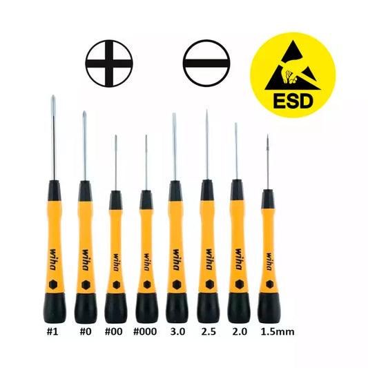 Juego de 8 Destornilladores Antiestáticos Wiha PicoFinish® ESD – Punta Plana y Phillips para Electrónica