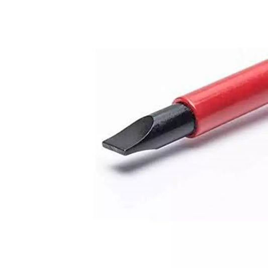 Destornillador plano dieléctrico Wiha aislado 1000V con mango SoftFinish, acero alemán C70, certificado VDE IEC 60900 para trabajos eléctricos seguros hasta 1000V. Pl 3.0x100mm
