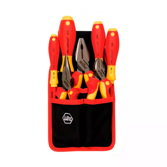 Juego de 7 herramientas dieléctricas Wiha 32985: 4 destornilladores aislados 1000V y 3 alicates con mangos ergonómicos, seguridad hasta 1000V, ideal para trabajos eléctricos.