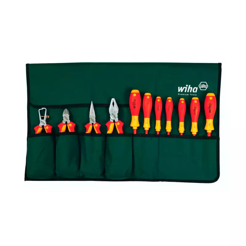 Juego de Alicates y Destornilladores Aislados 1000V Wiha con mango ergonómico, diseño dieléctrico para protección total contra descargas eléctricas, ideal para electricistas profesionales. Incluye estuche resistente y herramientas duraderas.