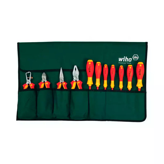 Juego de Alicates y Destornilladores Aislados 1000V Wiha con mango ergonómico, diseño dieléctrico para protección total contra descargas eléctricas, ideal para electricistas profesionales. Incluye estuche resistente y herramientas duraderas.