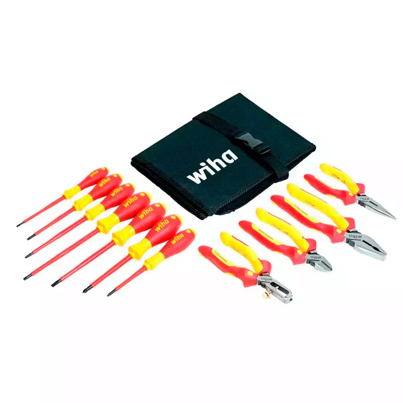 Juego de Alicates y Destornilladores Aislados 1000V Wiha con mango ergonómico, diseño dieléctrico para protección total contra descargas eléctricas, ideal para electricistas profesionales. Incluye estuche resistente y herramientas duraderas.