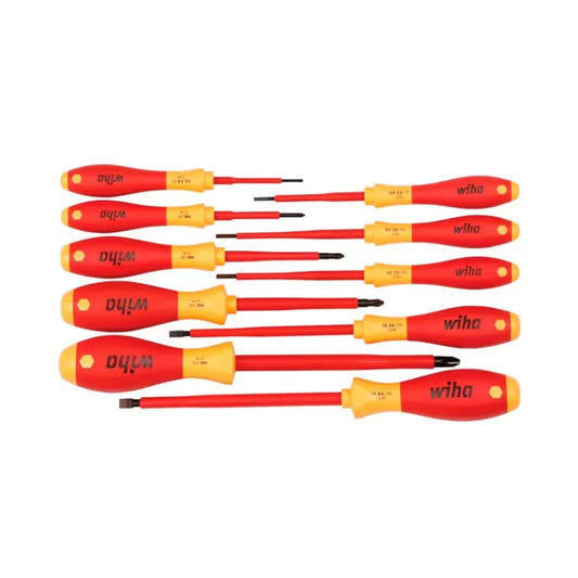 Juego de 10 destornilladores dieléctricos Wiha 1000V con mango SoftFinish para trabajos eléctricos.