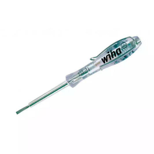 Probador Piloto Wiha tipo destornillador con luz LED ámbar, diseño ergonómico y aislamiento moldeado, ideal para pruebas eléctricas.