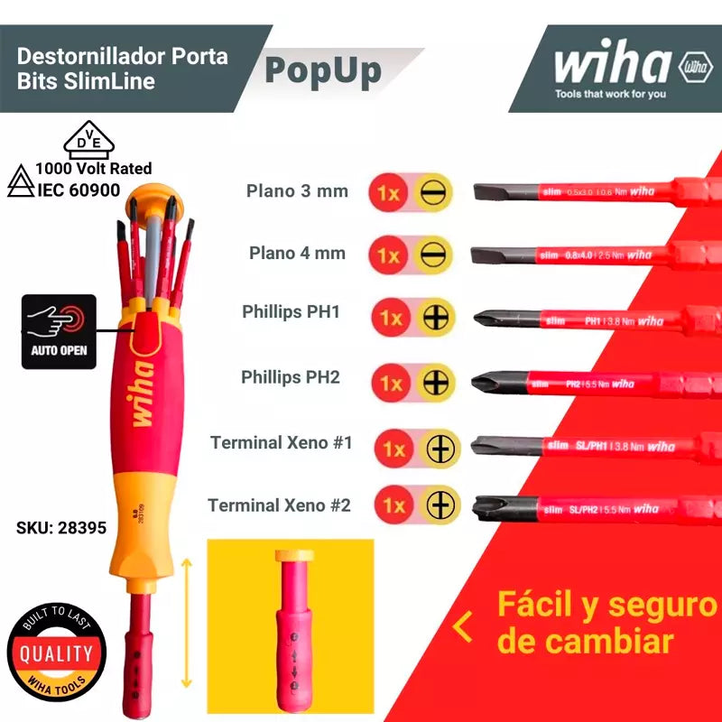 Destornillador multipuntas, destornillador dieléctrico, Wiha Xeno SlimLine, herramienta aislada 1000V, destornillador para electricidad, herramienta ergonómica, destornillador Pop-Up, herramientas profesionales, seguridad eléctrica. Destornillador multipuntas, destornillador dieléctrico, Wiha Xeno SlimLine, herramienta aislada 1000V, destornillador para electricidad, herramienta ergonómica, destornillador Pop-Up, herramientas profesionales, seguridad eléctrica.