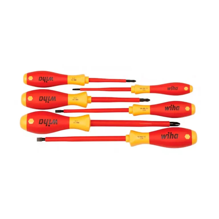 Juego de desarmadores Wiha 1000V aislados, destornilladores plano y estrella, herramientas de alta calidad para trabajos eléctricos.