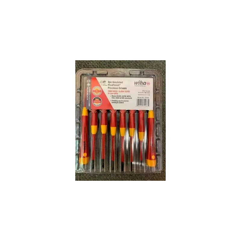 Set de 8 destornilladores perilleros aislados 1000V PicoFinish Wiha, herramientas profesionales para trabajos eléctricos seguros.