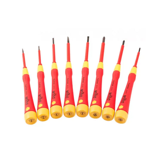 Set de 8 destornilladores perilleros aislados 1000V PicoFinish Wiha, herramientas profesionales para trabajos eléctricos seguros.
