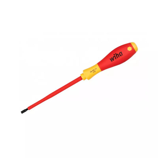 Destornillador plano dieléctrico Wiha aislado 1000V con mango SoftFinish, acero alemán C70, certificado VDE IEC 60900 para trabajos eléctricos seguros hasta 1000V. Pl 3.0x100mm