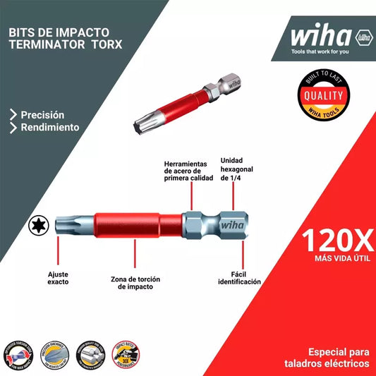 Set de 15 bits de impacto Torx para atornillador eléctrico Wiha T20x49mm