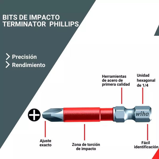 Puntas Bit de Impacto Phillips Largas MaxxTor® Wiha - Alta Durabilidad y Rendimiento Ph 3x49mm