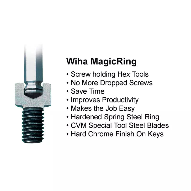 Juego de 6 llaves Allen Wiha con mango en T y sistema MagicRing, en medidas de pulgadas. Varillas cromadas de acero Cr-V-Mo para alto torque y máxima precisión en tornillos hexagonales.