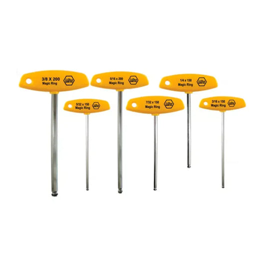 Juego de 6 llaves Allen Wiha con mango en T y sistema MagicRing, en medidas de pulgadas. Varillas cromadas de acero Cr-V-Mo para alto torque y máxima precisión en tornillos hexagonales.