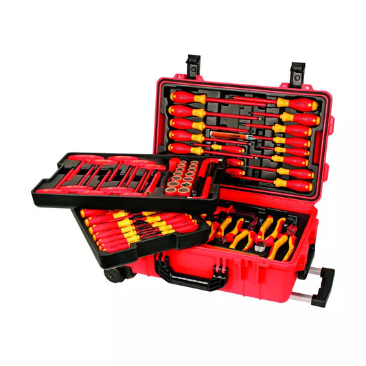 Kit de 80 herramientas para electricista. Incluye alicates, destornilladores, llaves allen, ratchets, dados dieléctricos en Maletin.