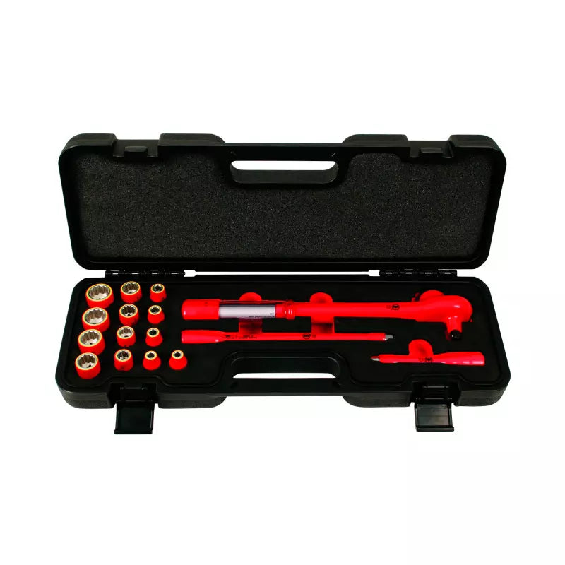 Set de 16 piezas torquímetro tipo ratchet reversible aislado 1000V de Wiha, incluye dados en mm y extensiones.