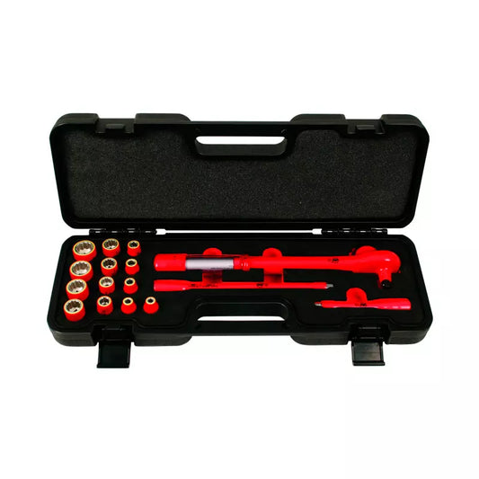 Set de 16 piezas torquímetro tipo ratchet reversible aislado 1000V de Wiha, incluye dados en mm y extensiones.
