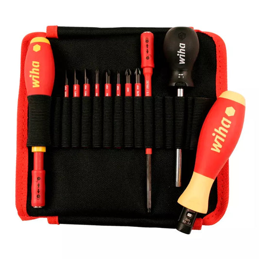Set Torquímetro aislado 1000V Wiha con mango ergonómico, escala ajustable de torque 10–40 in/lbs, ideal para trabajos eléctricos y cuchillas termomagnéticas. Incluye varillas SlimLine y herramientas de ajuste.