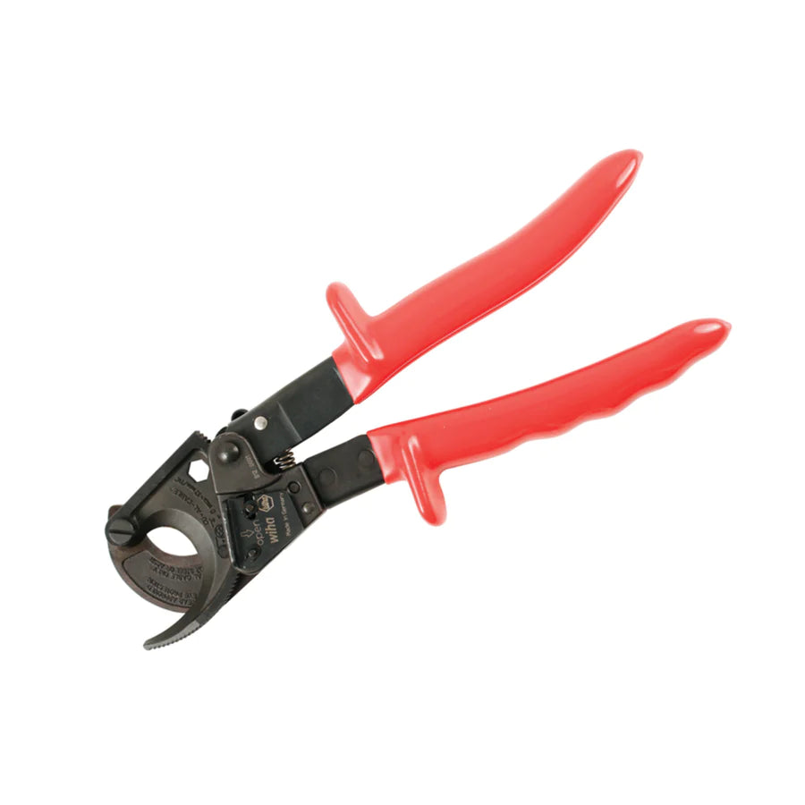Corta cables Ratchet dieléctrico Wiha 1000V, ideal para cortar cables de cobre y aluminio, con diseño ergonómico y aislamiento seguro.